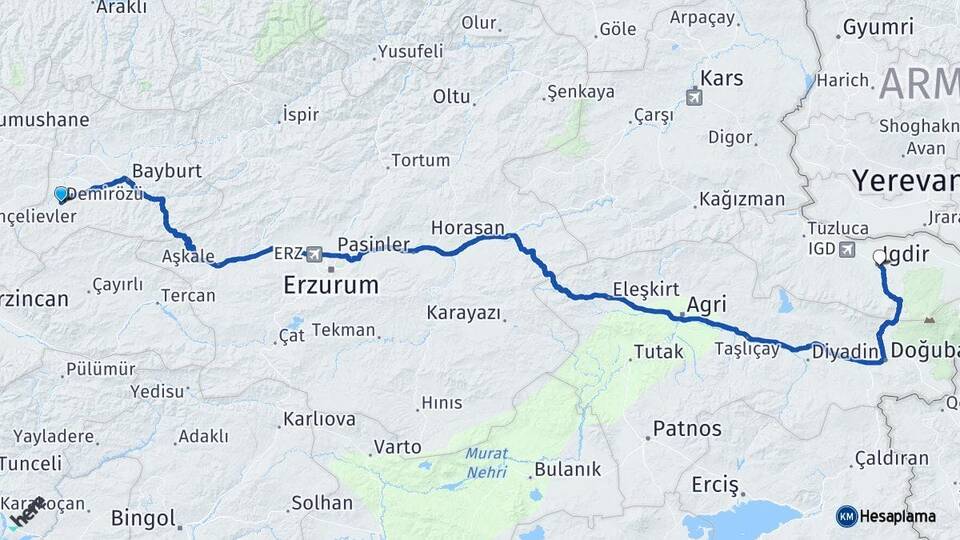Bayburt Demirözü Iğdır Arası Kaç Km - Yol Haritası