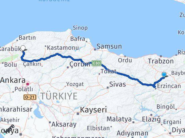 Bayburt Demirözü Karabük Arası Kaç Km - Yol Haritası