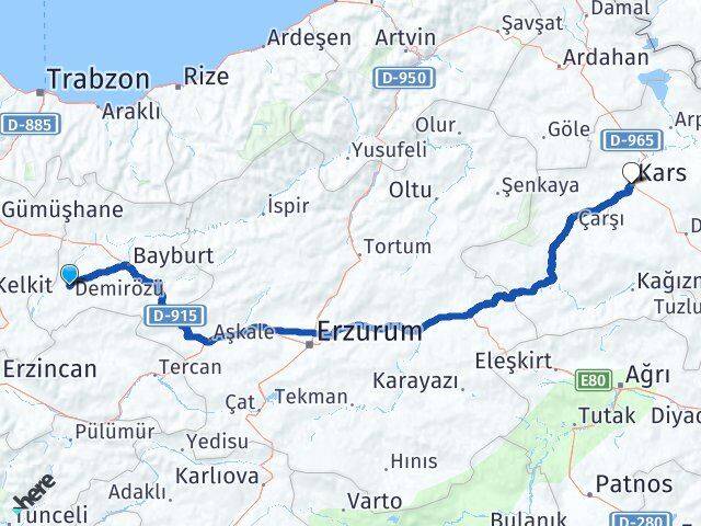 Bayburt Demirözü Kars Arası Kaç Km - Yol Haritası
