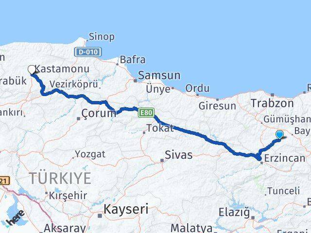 Bayburt Demirözü Kastamonu Arası Kaç Km - Yol Haritası
