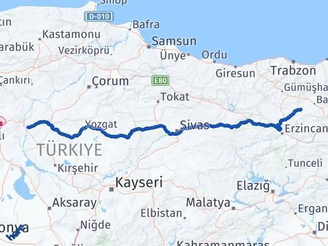 Bayburt Demirözü Kırıkkale Arası Kaç Km - Yol Haritası