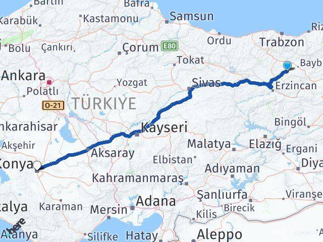Bayburt Demirözü Konya Arası Kaç Km - Yol Haritası