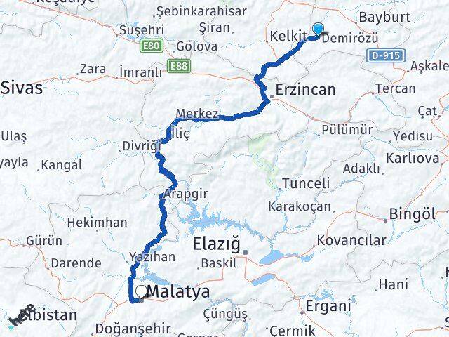 Bayburt Demirözü Malatya Arası Kaç Km - Yol Haritası
