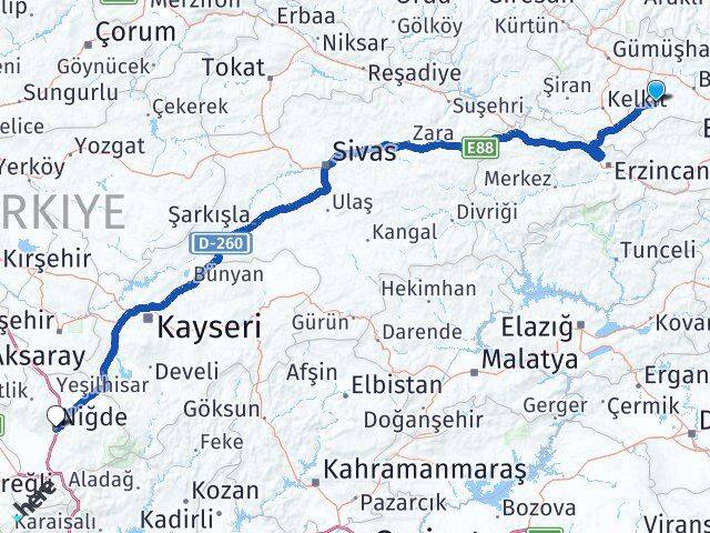 Bayburt Demirözü Niğde Arası Kaç Km - Yol Haritası
