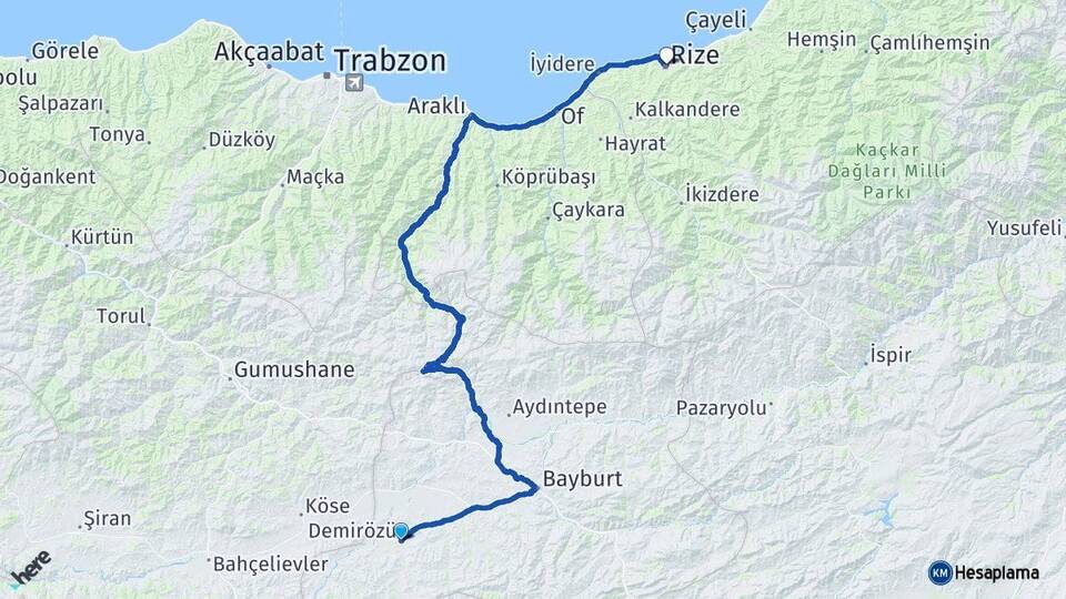 Bayburt Demirözü Rize Arası Kaç Km - Yol Haritası
