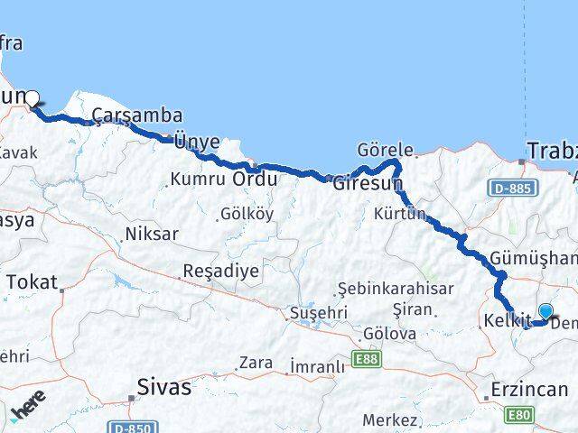 Bayburt Demirözü Samsun Arası Kaç Km - Yol Haritası