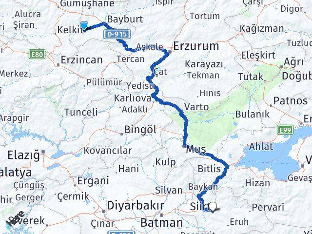 Bayburt Demirözü Siirt Arası Kaç Km - Yol Haritası