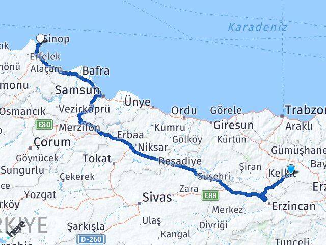 Bayburt Demirözü Sinop Arası Kaç Km - Yol Haritası