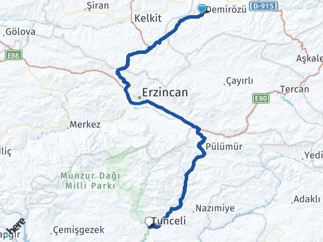 Bayburt Demirözü Tunceli Arası Kaç Km - Yol Haritası