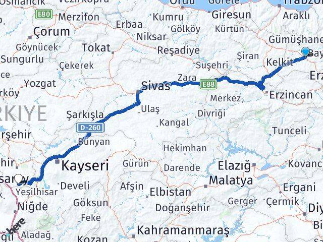 Bayburt Derinkuyu Nevşehir Arası Kaç Km - Yol Haritası