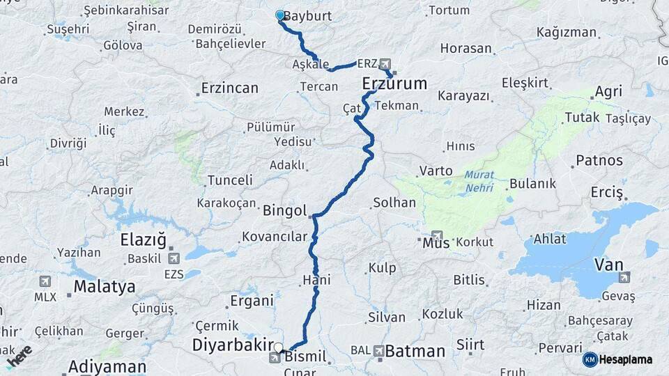 Bayburt Diyarbakır Arası Kaç Km - Yol Haritası