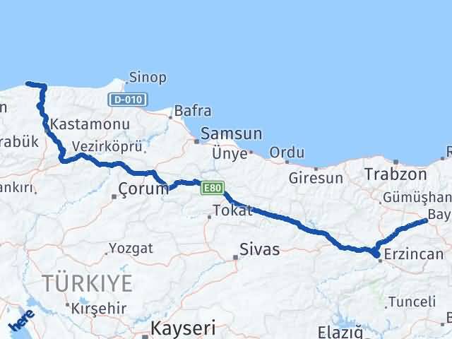 Bayburt Doğanyurt Kastamonu Arası Kaç Km - Yol Haritası
