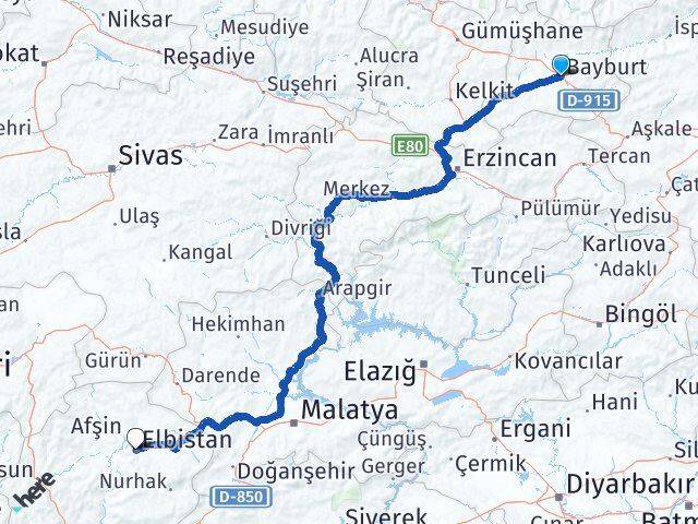 Bayburt Elbistan Kahramanmaraş Arası Kaç Km - Yol Haritası