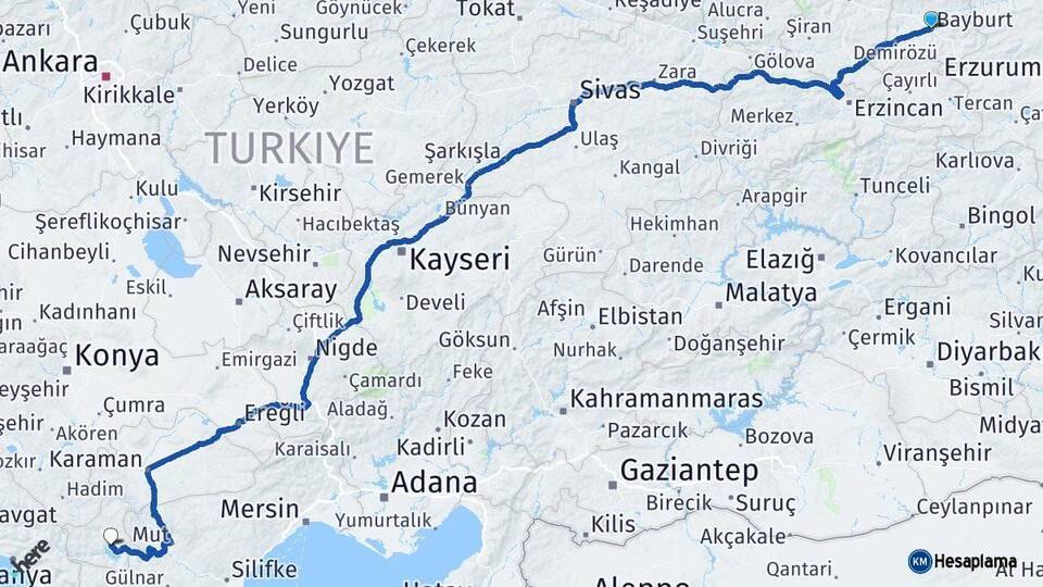 Bayburt Ermenek Karaman Arası Kaç Km - Yol Haritası