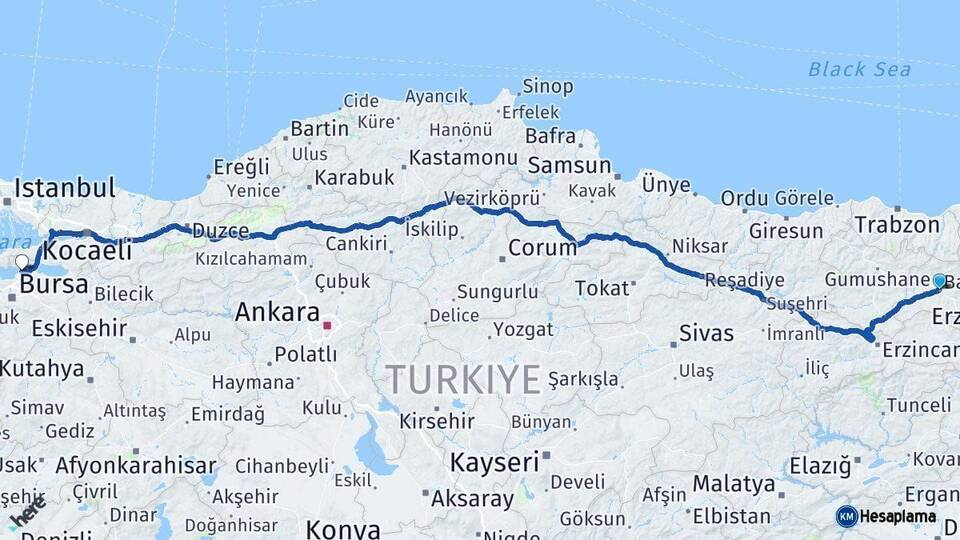 Bayburt Gemlik Bursa Arası Kaç Km - Yol Haritası