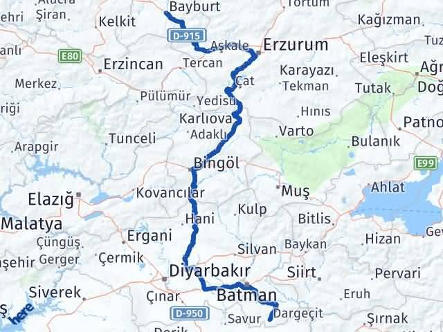 Bayburt Gercüş Batman Arası Kaç Km - Yol Haritası
