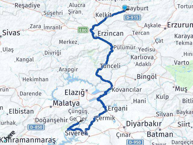 Bayburt Gerger Adıyaman Arası Kaç Km - Yol Haritası