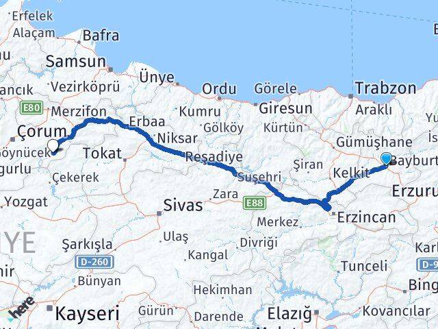Bayburt Göynücek Amasya Arası Kaç Km - Yol Haritası