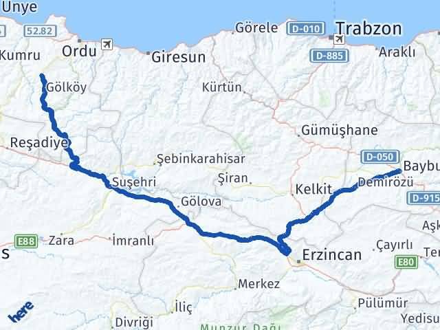 Bayburt Gürgentepe Ordu Arası Kaç Km - Yol Haritası