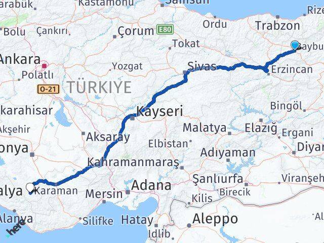 Bayburt Hadim Konya Arası Kaç Km - Yol Haritası