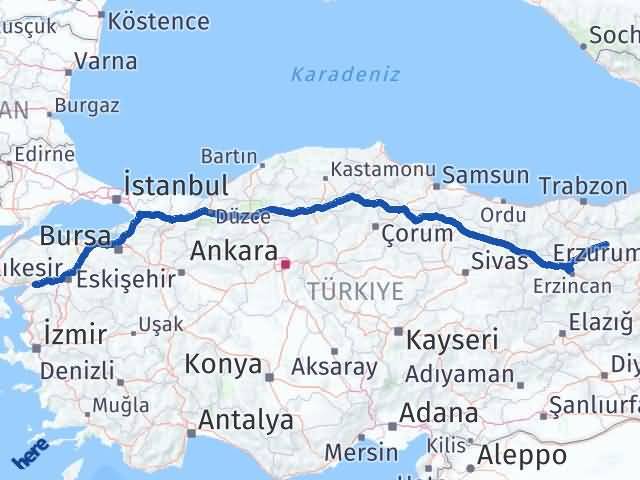 Bayburt Havran Balıkesir Arası Kaç Km - Yol Haritası