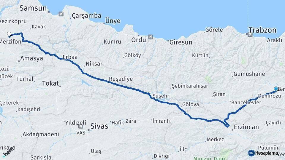 Bayburt Havza Samsun Arası Kaç Km - Yol Haritası