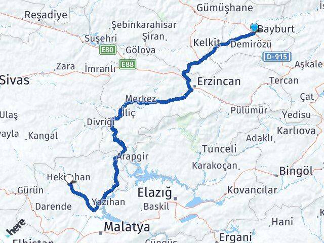 Bayburt Hekimhan Malatya Arası Kaç Km - Yol Haritası