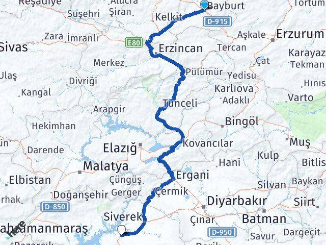 Bayburt Hilvan Şanlıurfa Arası Kaç Km - Yol Haritası