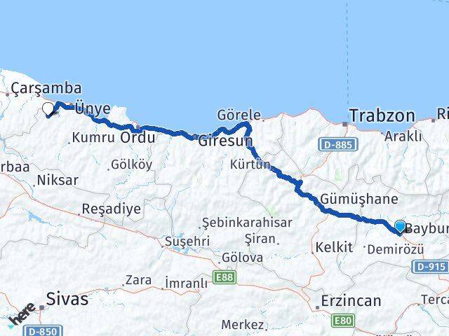 Bayburt İkizce Ordu Arası Kaç Km - Yol Haritası
