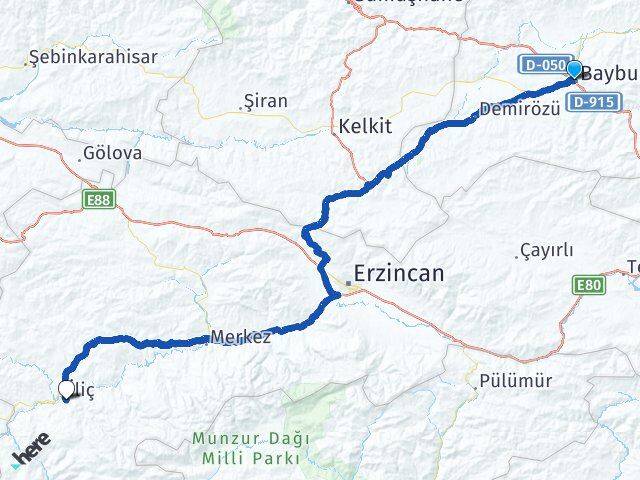 Bayburt İliç Erzincan Arası Kaç Km - Yol Haritası