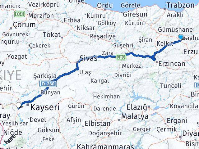 Bayburt İncesu Kayseri Arası Kaç Km - Yol Haritası