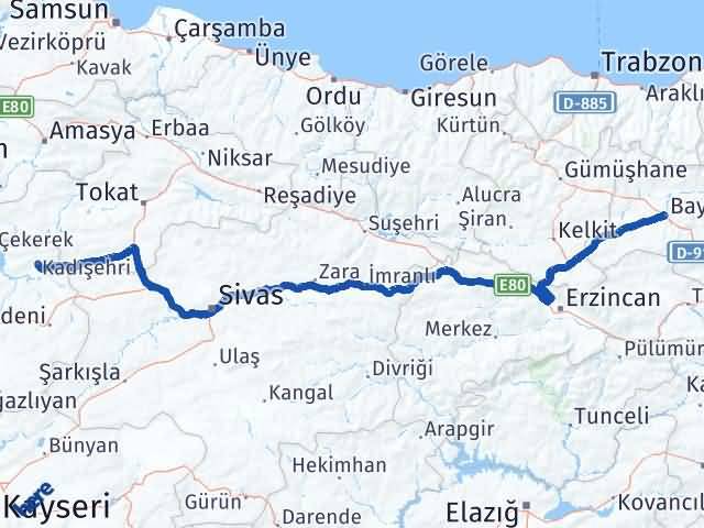 Bayburt Kadışehri Yozgat Arası Kaç Km - Yol Haritası