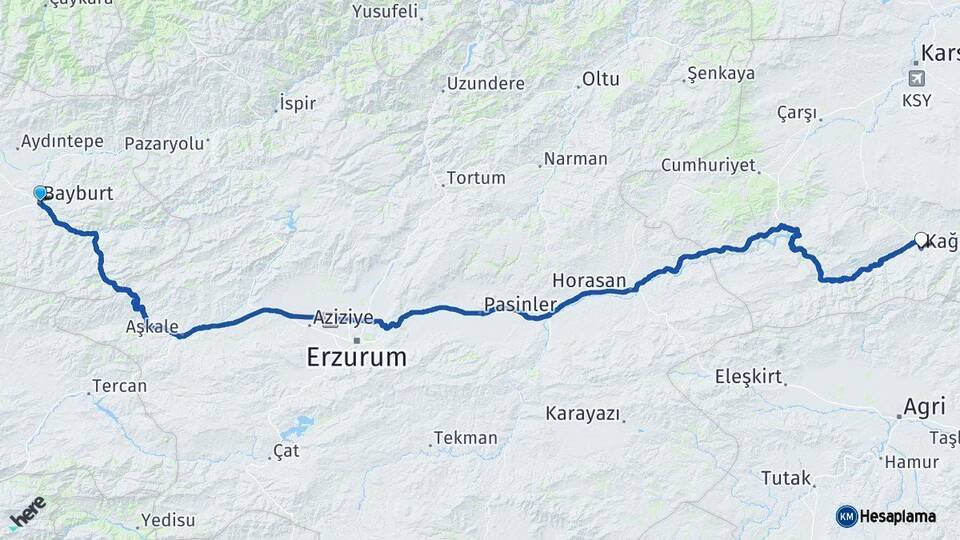 Bayburt Kağızman Kars Arası Kaç Km - Yol Haritası