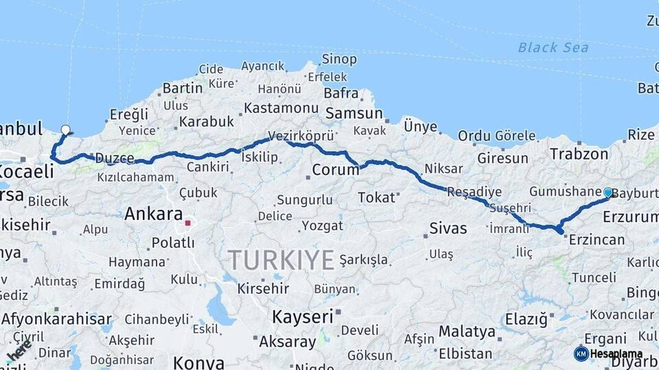 Bayburt Karasu Sakarya Arası Kaç Km - Yol Haritası