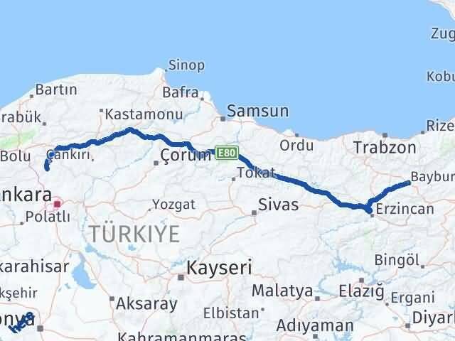 Bayburt Kızılcahamam Ankara Arası Kaç Km - Yol Haritası