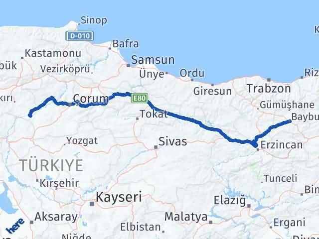 Bayburt Kızılırmak Çankırı Arası Kaç Km - Yol Haritası
