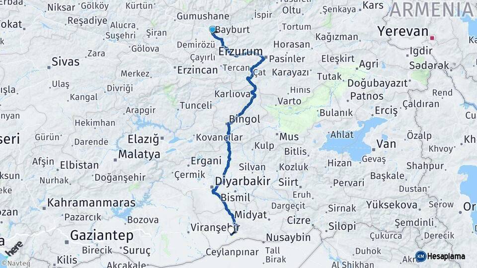 Bayburt Kızıltepe Mardin Arası Kaç Km - Yol Haritası