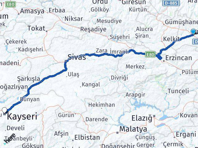 Bayburt Kocasinan Kayseri Arası Kaç Km - Yol Haritası