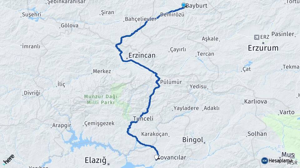 Bayburt Kovancılar Elazığ Arası Kaç Km - Yol Haritası