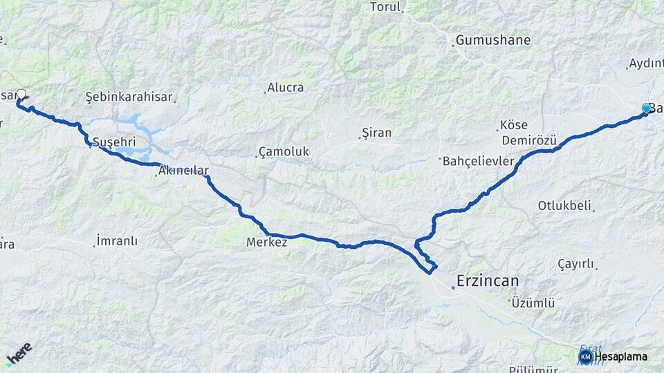 Bayburt Koyulhisar Sivas Arası Kaç Km - Yol Haritası