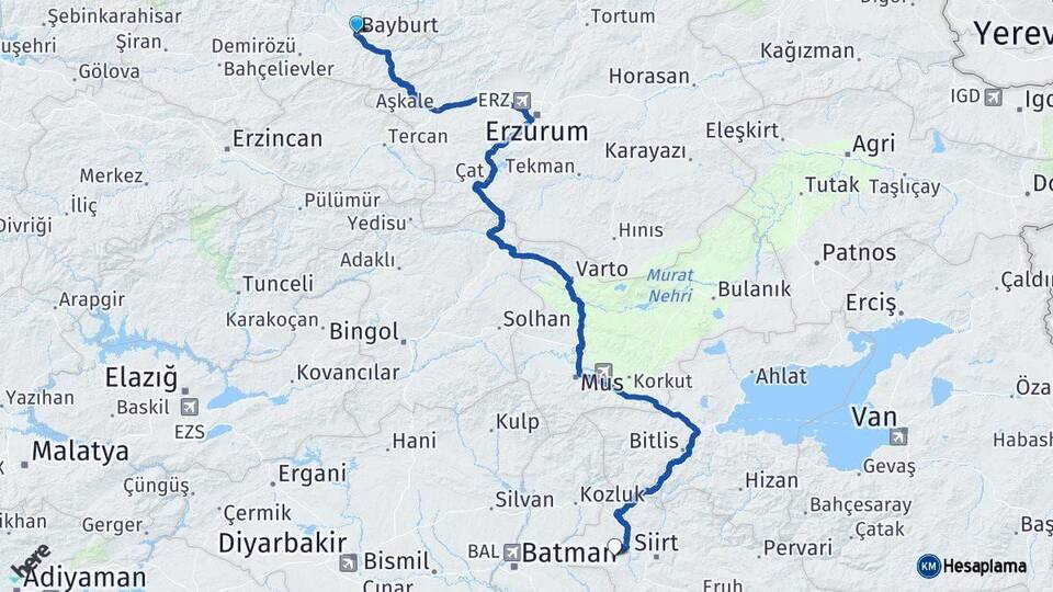 Bayburt Kurtalan Siirt Arası Kaç Km - Yol Haritası