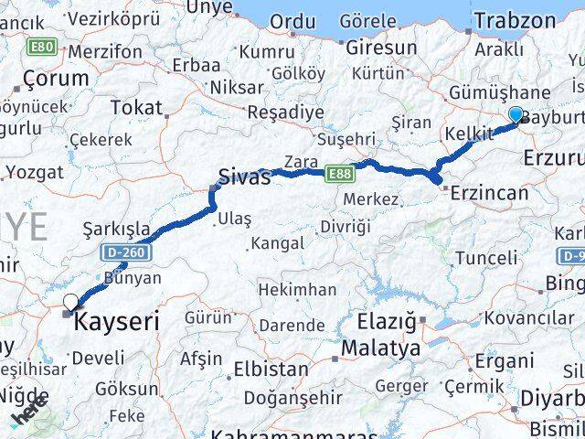 Bayburt Melikgazi Kayseri Arası Kaç Km - Yol Haritası