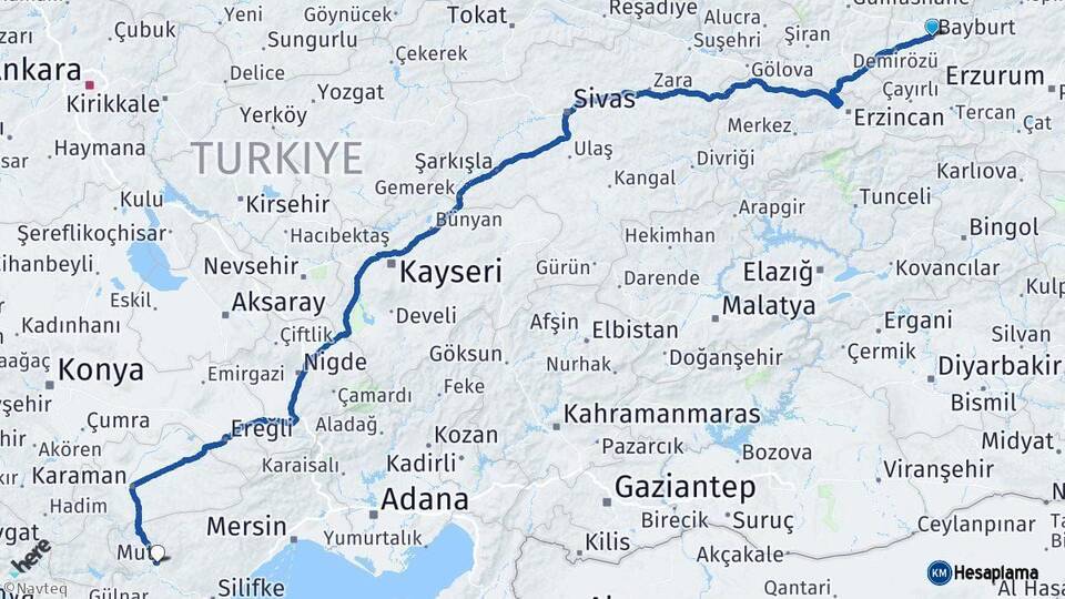 Bayburt Mut Mersin Arası Kaç Km - Yol Haritası
