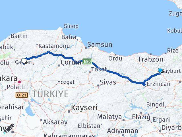 Bayburt Orta Çankırı Arası Kaç Km - Yol Haritası