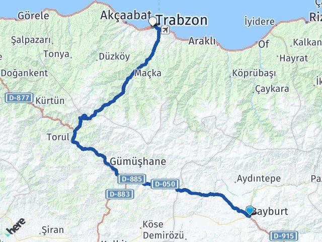 Bayburt Ortahisar Trabzon Arası Kaç Km - Yol Haritası