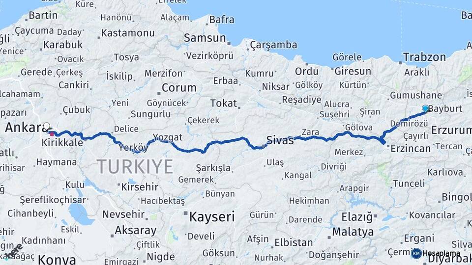 Bayburt Ostim OSB Yenimahalle Ankara Arası Kaç Km - Yol Haritası