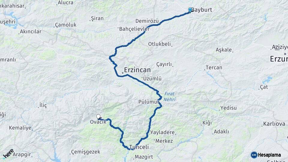 Bayburt Ovacık Tunceli Arası Kaç Km - Yol Haritası