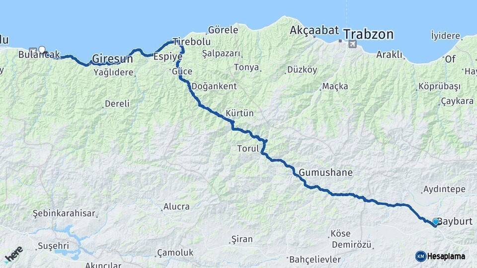 Bayburt Piraziz Giresun Arası Kaç Km - Yol Haritası