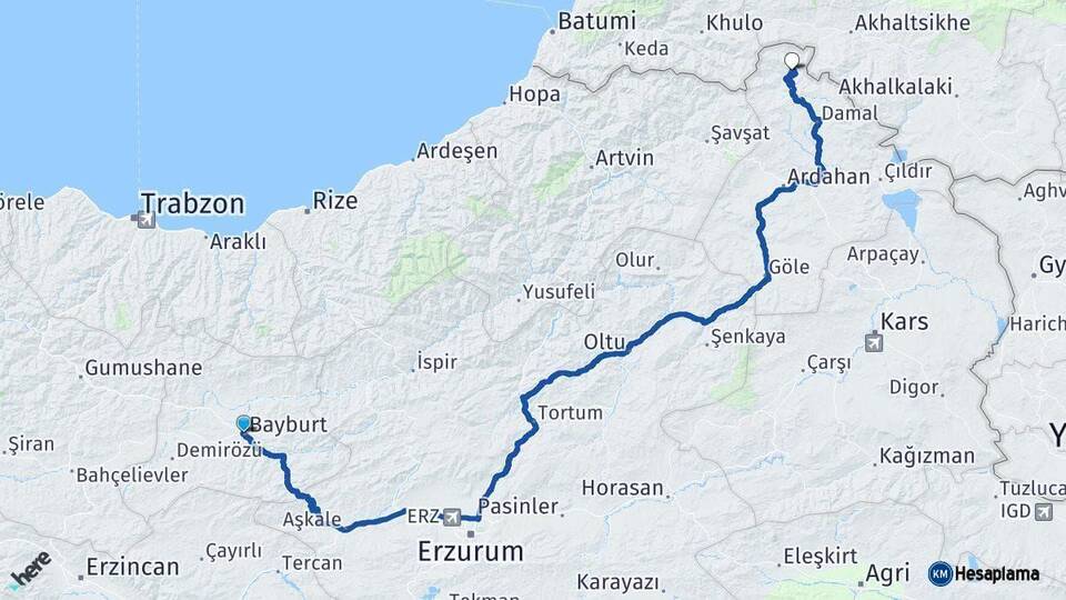 Bayburt Posof Ardahan Arası Kaç Km - Yol Haritası