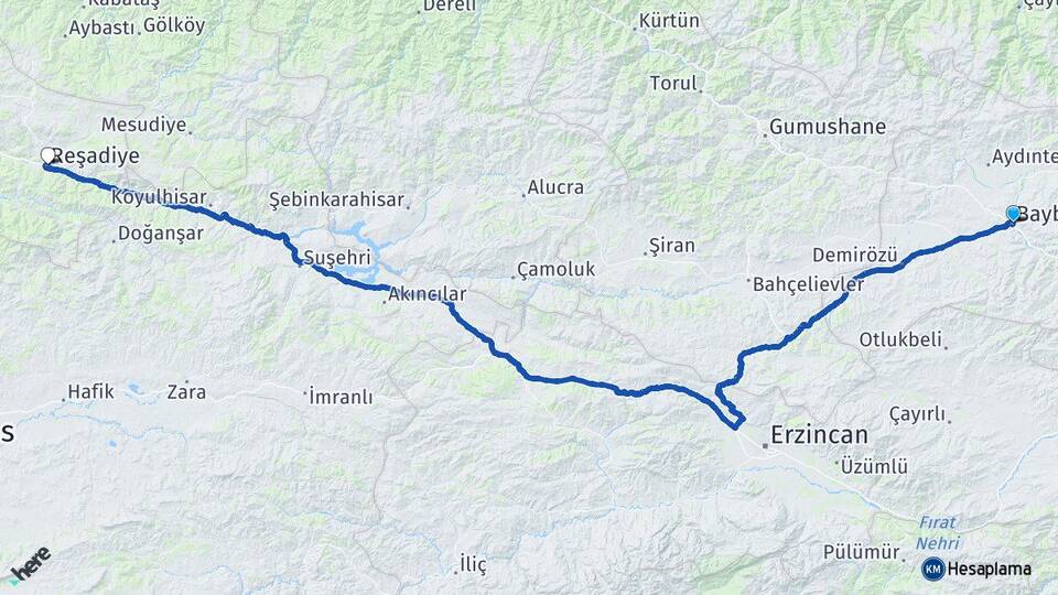Bayburt Reşadiye Tokat Arası Kaç Km - Yol Haritası